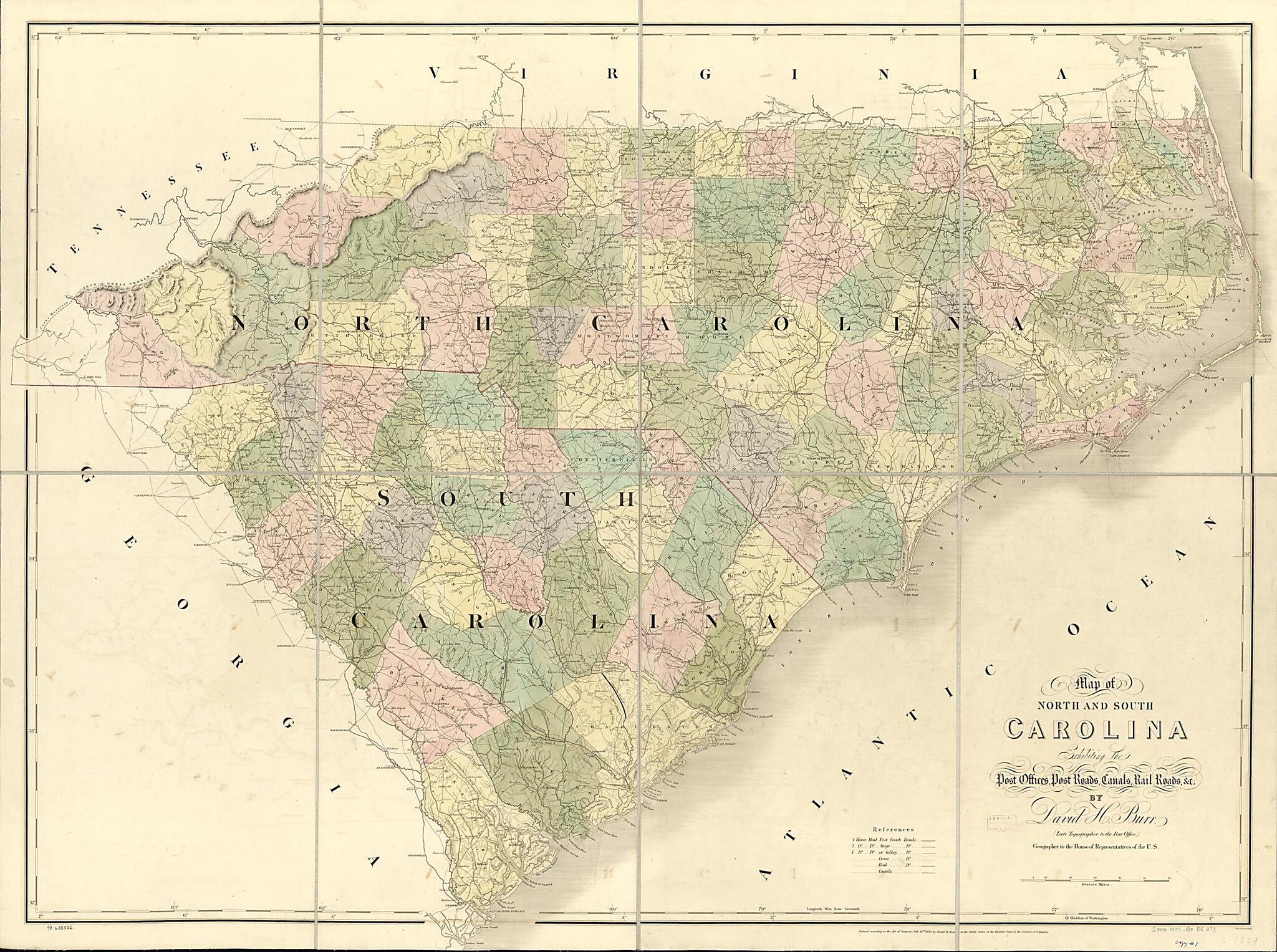 This old map of Map of North and South Carolina Exhibiting the Post Offices Post Roads, Canals, Rail Roads &c. by David H. Burr; (Late Topographer to the Post Office.) Geographer to the House of Representatives of the U.S from 1839 was created by David H
