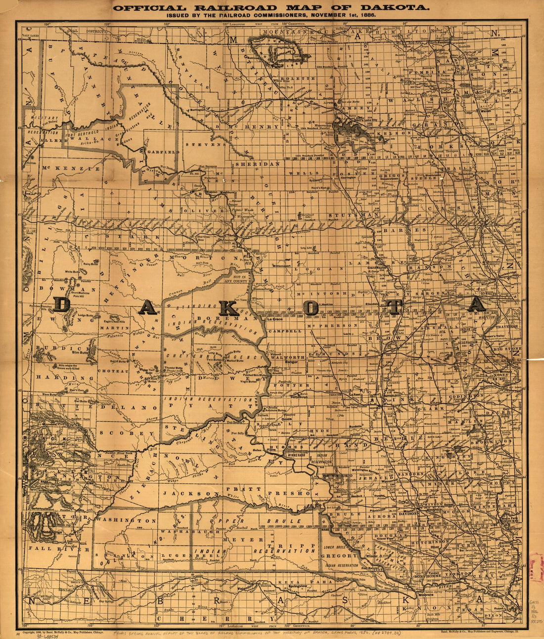 This old map of Official Railroad Map of Dakota Issued by the Railroad Commissioners, November 1st, from 1886 was created by Rand McNally and Company in 1886