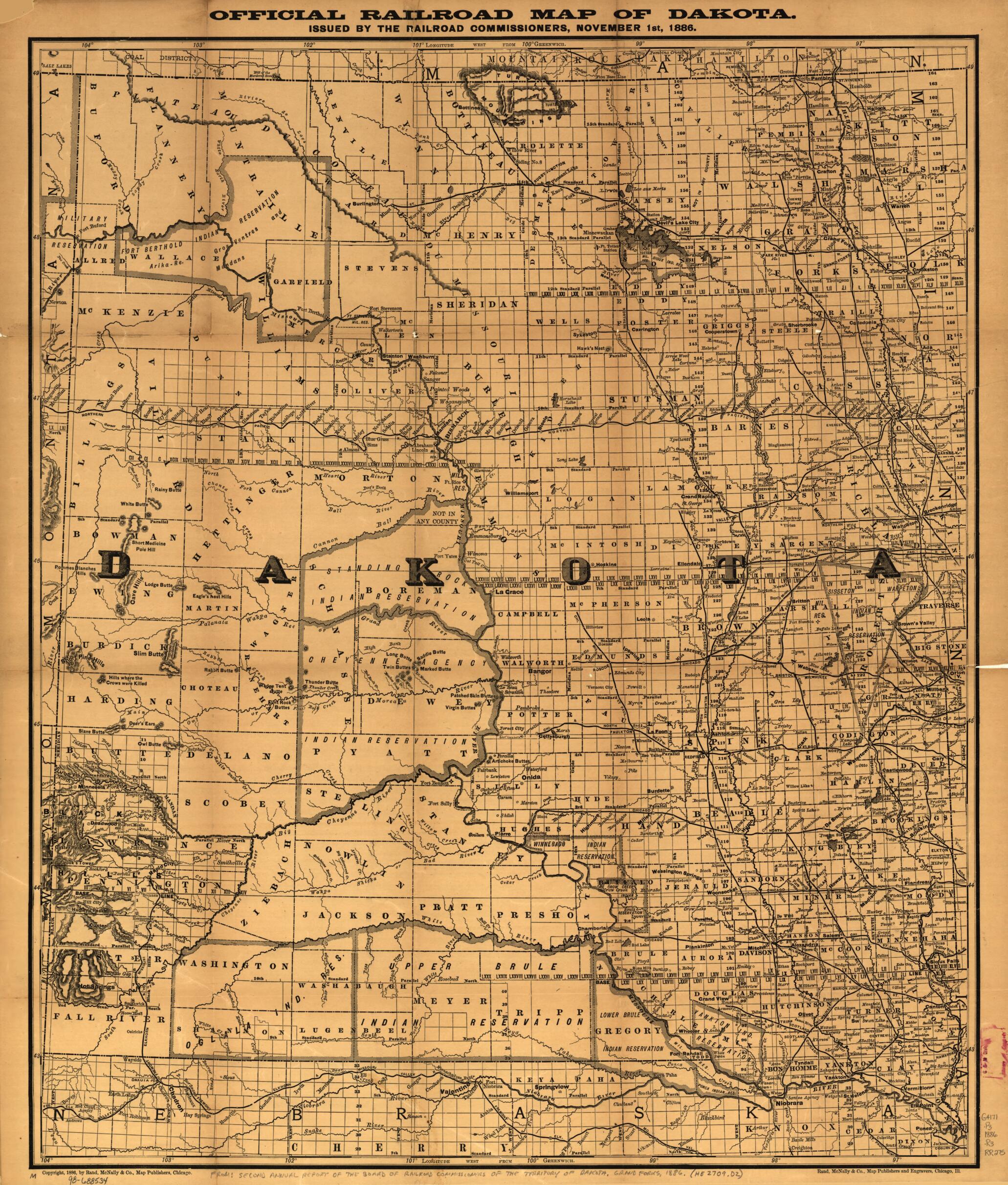 This old map of Official Railroad Map of Dakota Issued by the Railroad Commissioners, November 1st, from 1886 was created by Rand McNally and Company in 1886