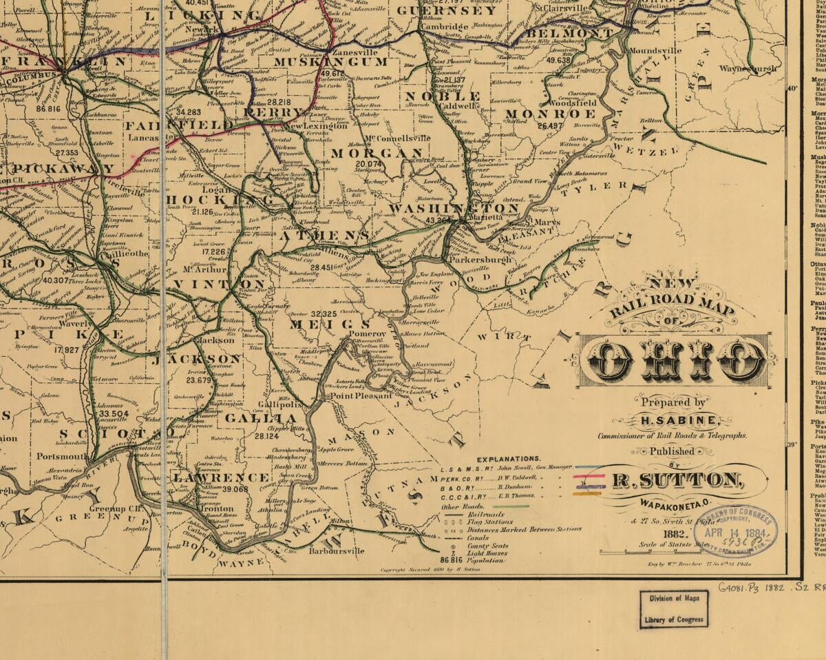 This old map of New Rail Road Map of Ohio Prepared by H. Sabine, Commissioner of Rail Roads & Telegraphs from 1882 was created by H. Sabine in 1882