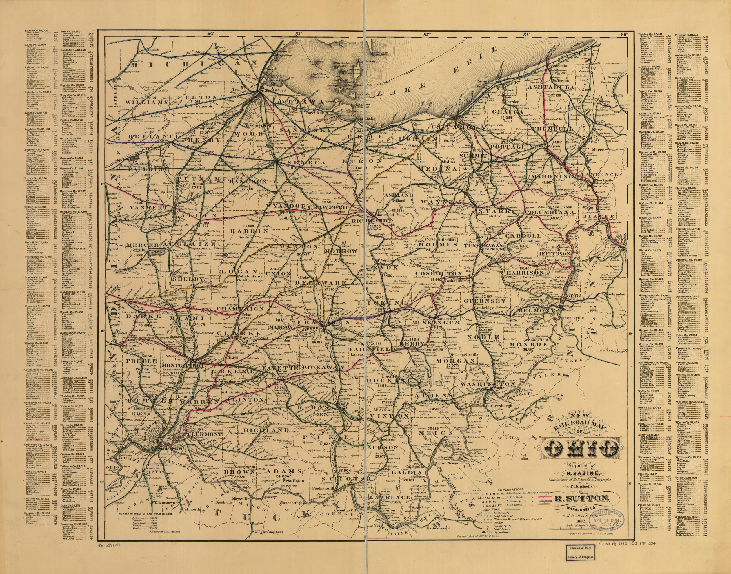 This old map of New Rail Road Map of Ohio Prepared by H. Sabine, Commissioner of Rail Roads & Telegraphs from 1882 was created by H. Sabine in 1882