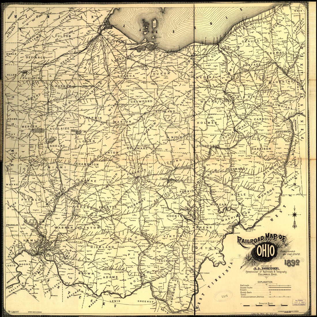 This old map of Railroad Map of Ohio Published by the State. from 1890. Prepared by J. A. Norton, Commissioner of Railroads & Telegraphs. Copyright by H. B. Stranahan was created by J. A. Norton in 1890