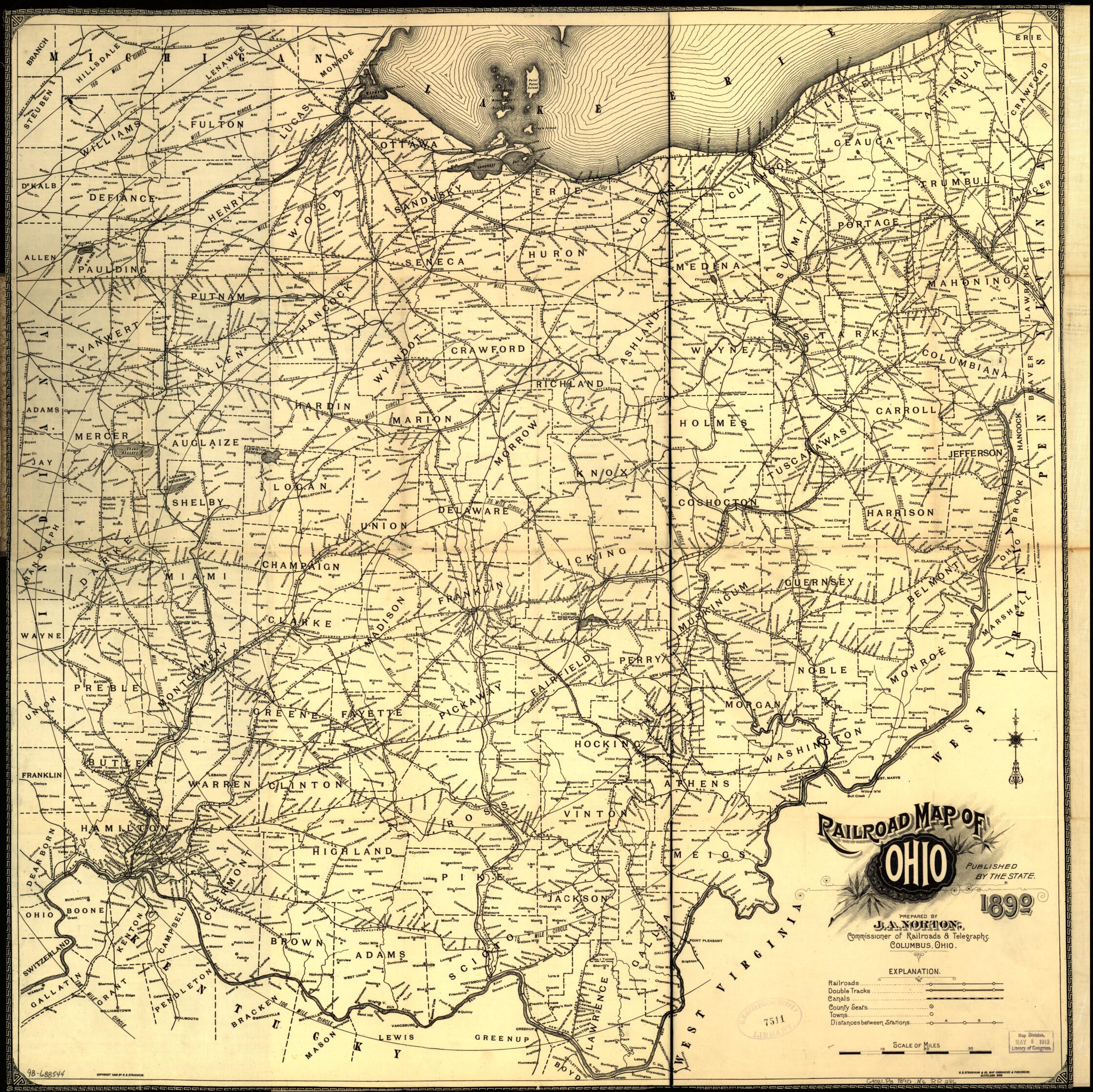 This old map of Railroad Map of Ohio Published by the State. from 1890. Prepared by J. A. Norton, Commissioner of Railroads & Telegraphs. Copyright by H. B. Stranahan was created by J. A. Norton in 1890