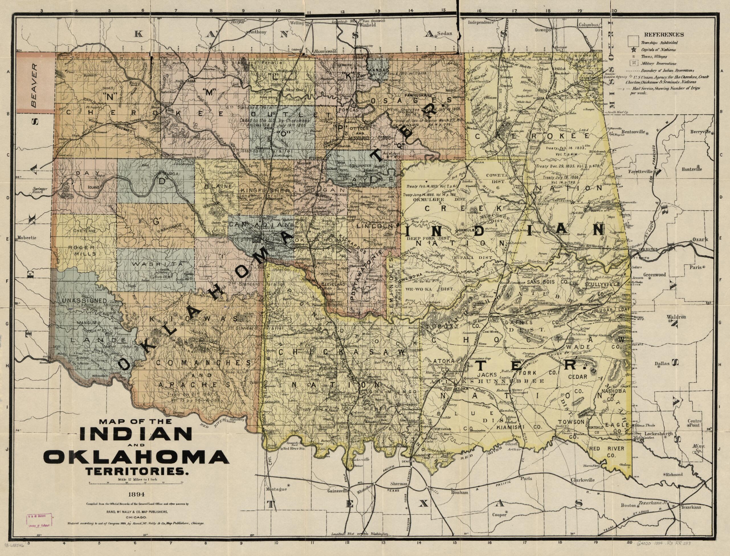 This old map of Map of the Indian and Oklahoma Territories, from 1894; Compiled from the Official Records of the General Land Office and Other Sources was created by Rand McNally and Company in 1894