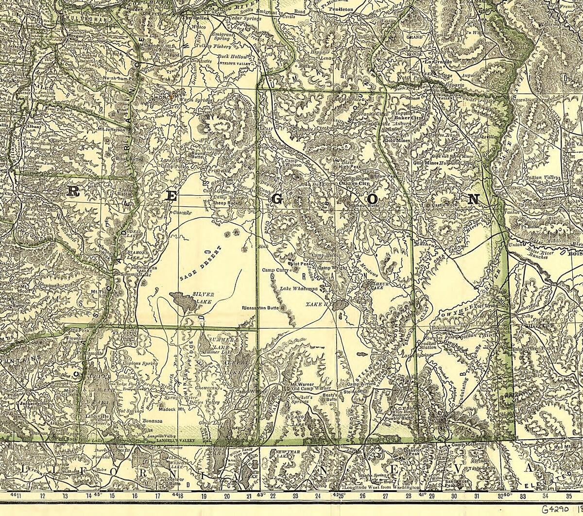 This old map of Indexed Map of Oregon Showing the Railroads In the State and the Express Company Doing Business Over Each, Also, Counties, Lakes & Rivers from 1876 was created by  Rand McNally and Company in 1876