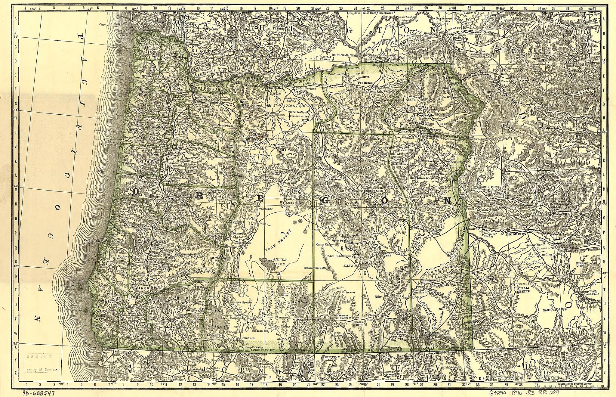 This old map of Indexed Map of Oregon Showing the Railroads In the State and the Express Company Doing Business Over Each, Also, Counties, Lakes & Rivers from 1876 was created by Rand McNally and Company in 1876