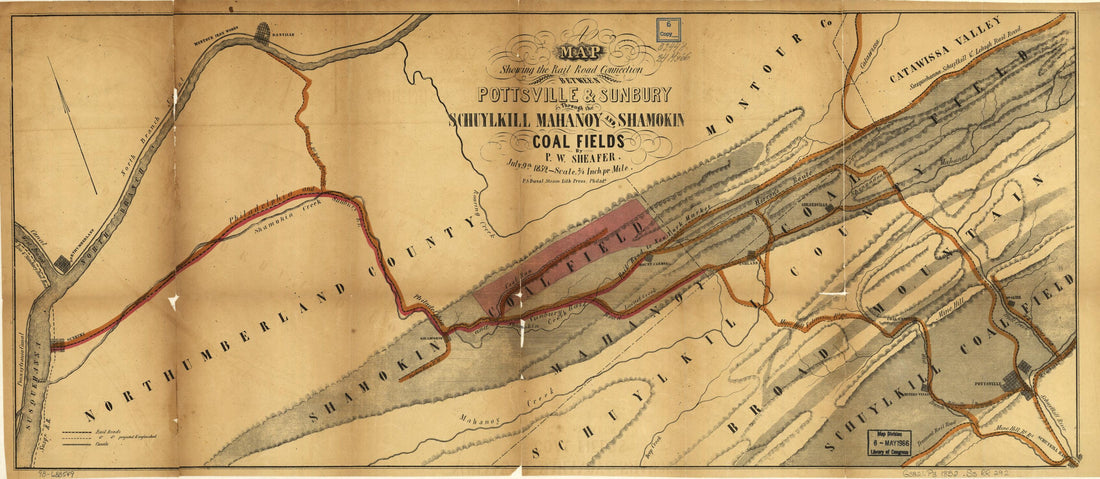 This old map of A Map Showing the Rail Road Connection Between Pottsville & Sunbury Through the Schuylkill Mahanoy and Shamokin Coal Fields, July 9th from 1852 was created by P. W. (Peter Wenrick) Sheafer in 1852