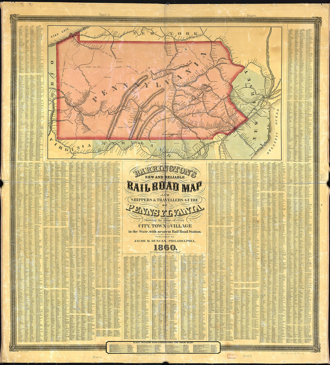 This old map of Barringtons New and Reliable Railroad Map and Shippers & Travellers Guide of Pennsylvania, Engrd. by Ths. Leonhardt, Showing the Name of Every City, Town and Village In the State, With Nearest Rail Road Station from 1860 was created by Ja