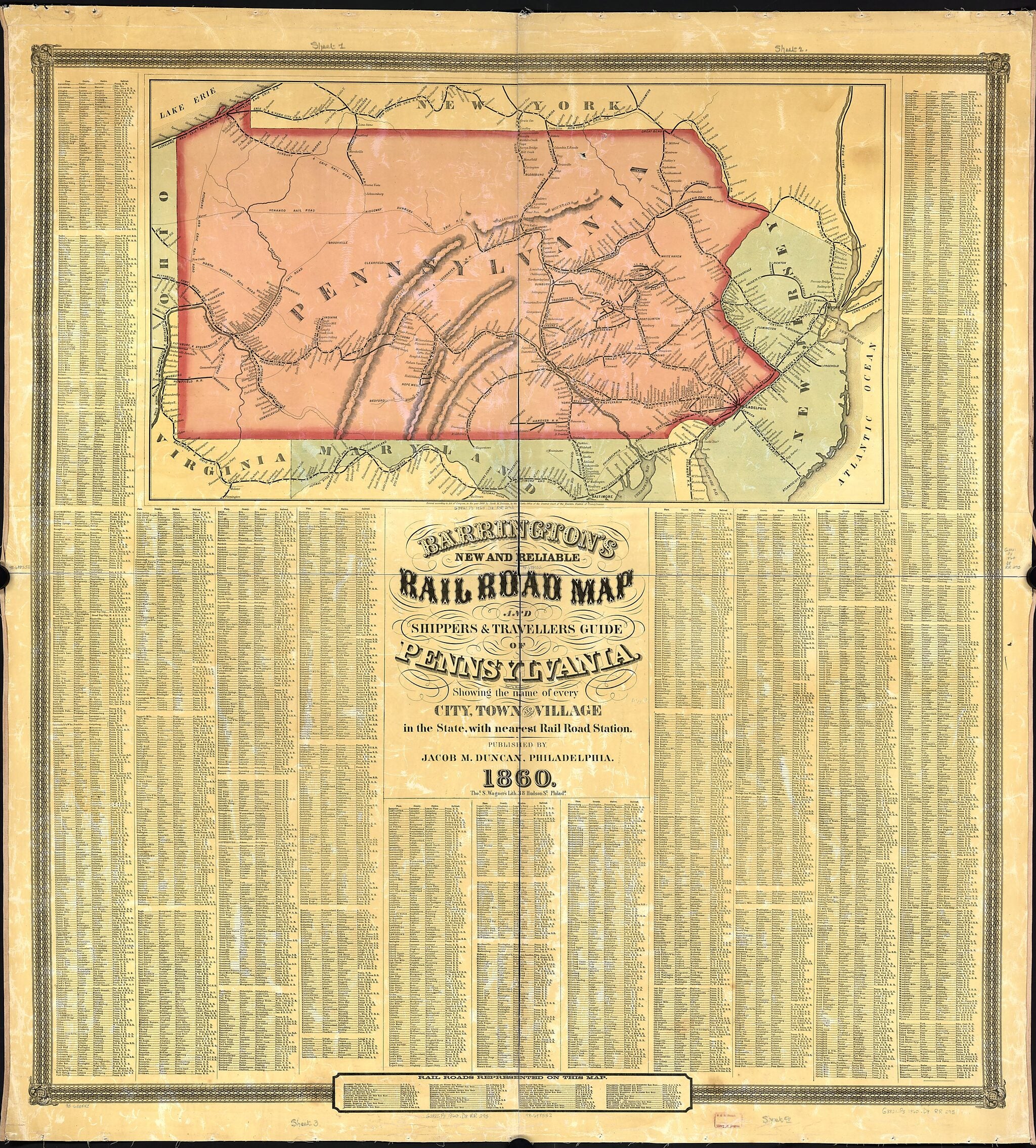 This old map of Barringtons New and Reliable Railroad Map and Shippers & Travellers Guide of Pennsylvania, Engrd. by Ths. Leonhardt, Showing the Name of Every City, Town and Village In the State, With Nearest Rail Road Station from 1860 was created by Ja