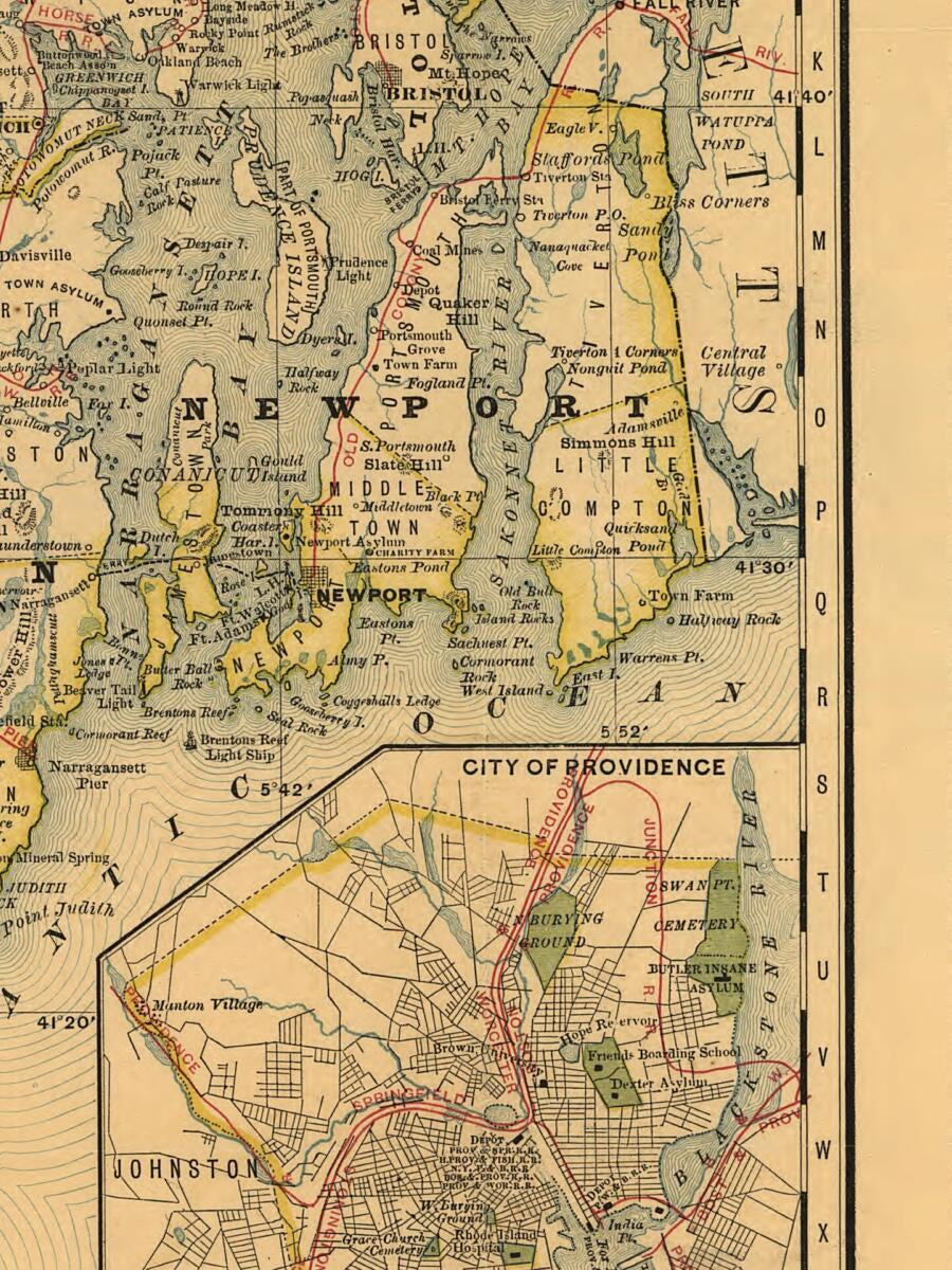 This old map of Indexed Map of Rhode Island Showing the Railroads In the State, and the Express Company Doing Business Over Each, Also Counties, Townships, Lakes, Rivers, Islands, Etc from 1875 was created by  Rand McNally and Company in 1875