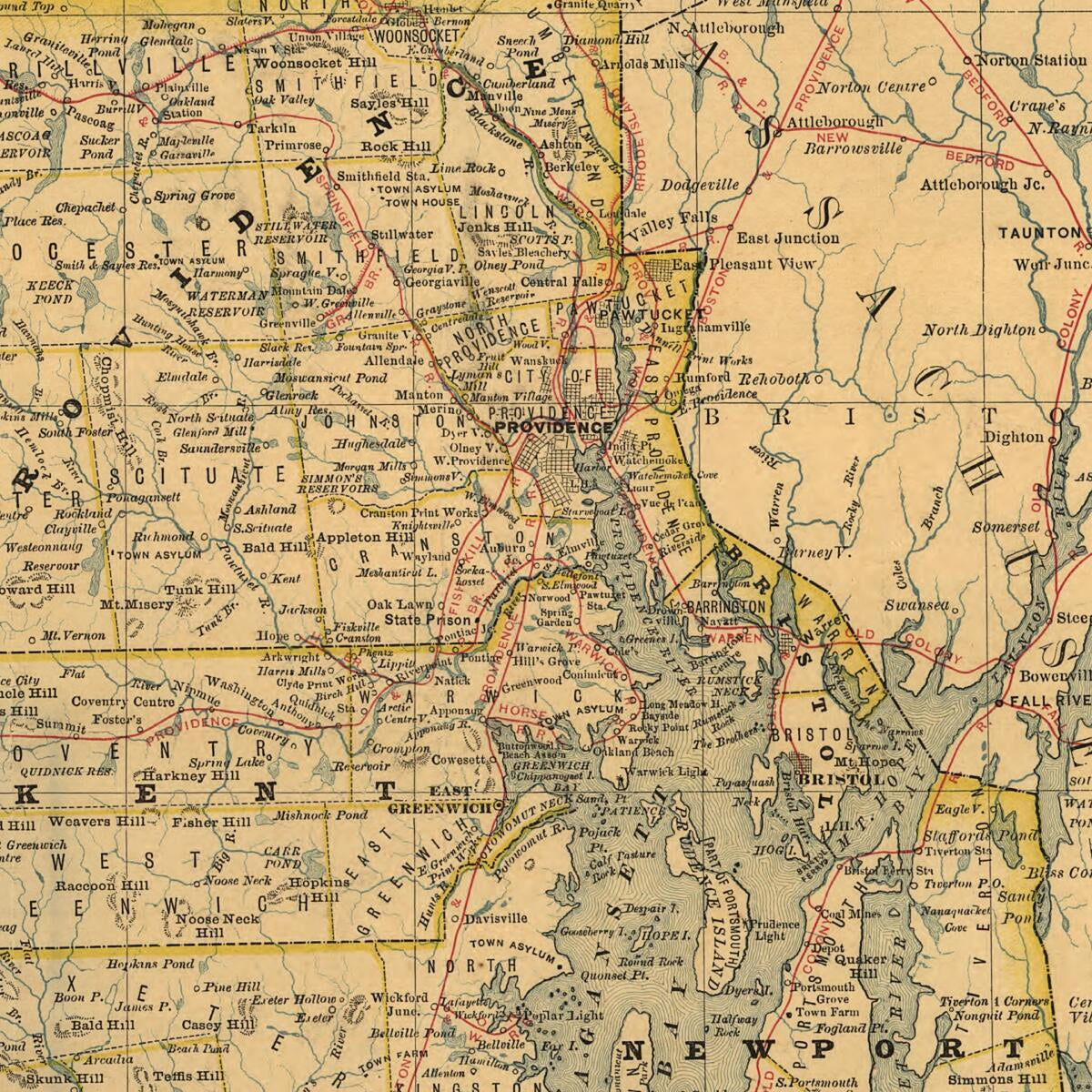 This old map of Indexed Map of Rhode Island Showing the Railroads In the State, and the Express Company Doing Business Over Each, Also Counties, Townships, Lakes, Rivers, Islands, Etc from 1875 was created by  Rand McNally and Company in 1875