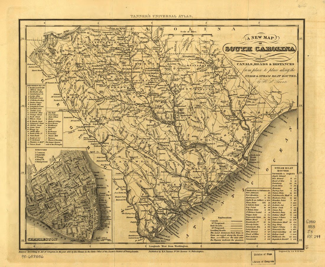 This old map of A New Map of South Carolina With Its Canals, Roads & Distances from Place to Place Along the Stage & Steam Boat Routes from 1836 was created by South Carolina Canal and Railroad Company, Henry Schenck Tanner in 1836