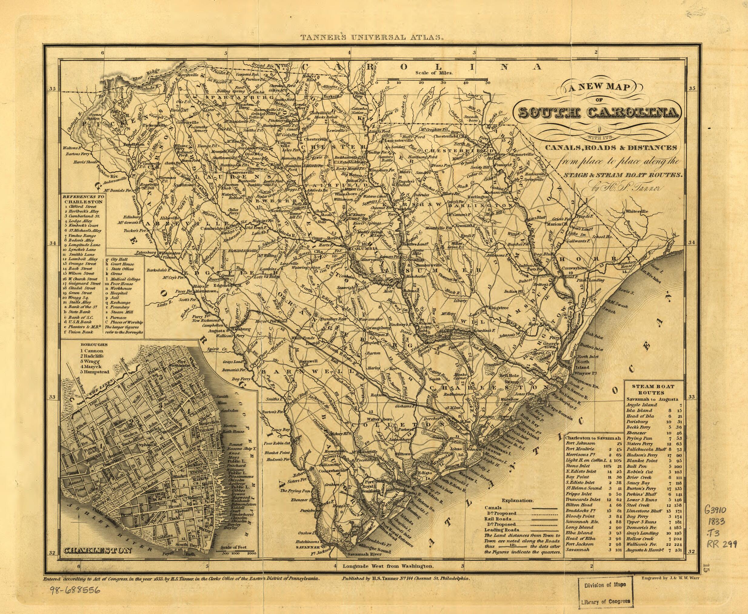 This old map of A New Map of South Carolina With Its Canals, Roads & Distances from Place to Place Along the Stage & Steam Boat Routes from 1836 was created by South Carolina Canal and Railroad Company, Henry Schenck Tanner in 1836