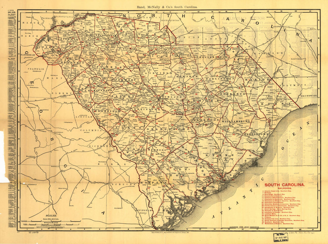 This old map of South Carolina Railroads from 1900 was created by Rand McNally and Company in 1900