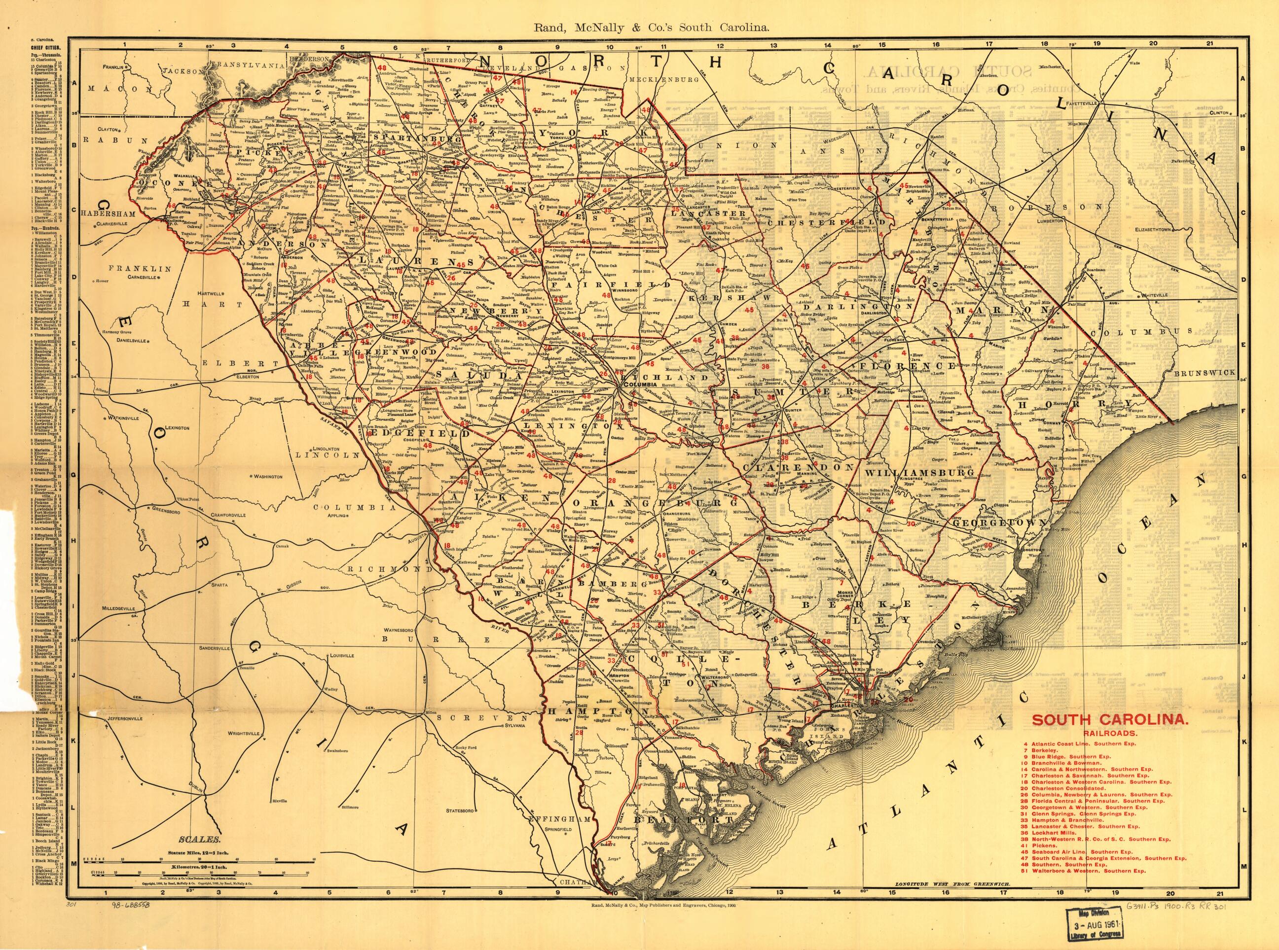 This old map of South Carolina Railroads from 1900 was created by Rand McNally and Company in 1900