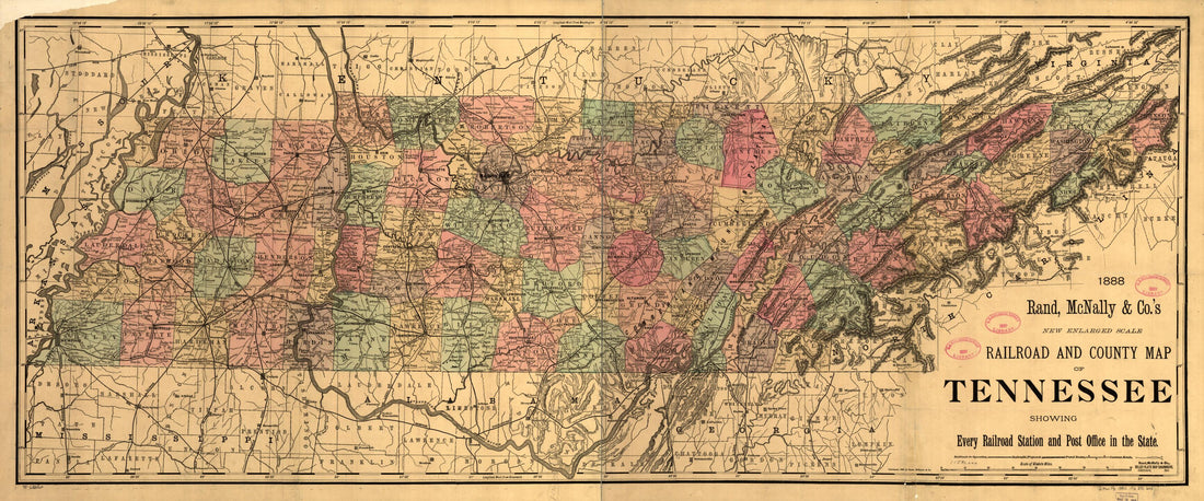 This old map of New Enlarged Scale Railroad and County Map of Tennessee Showing Every Railroad Station and Post Office In the State, from 1888 was created by Rand McNally and Company in 1888