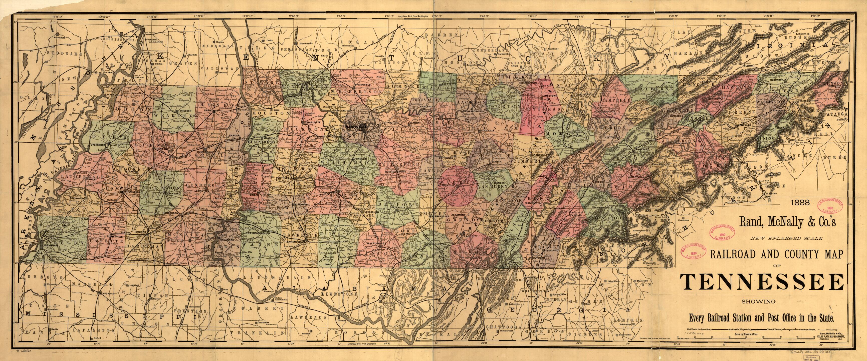 This old map of New Enlarged Scale Railroad and County Map of Tennessee Showing Every Railroad Station and Post Office In the State, from 1888 was created by Rand McNally and Company in 1888