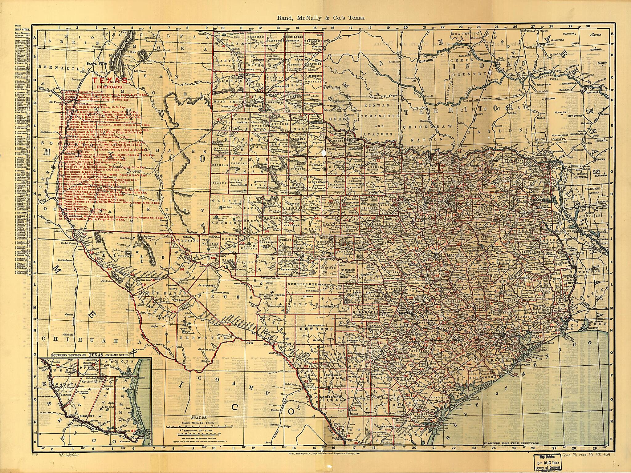 This old map of Texas Railroads from 1900 was created by Rand McNally and Company in 1900