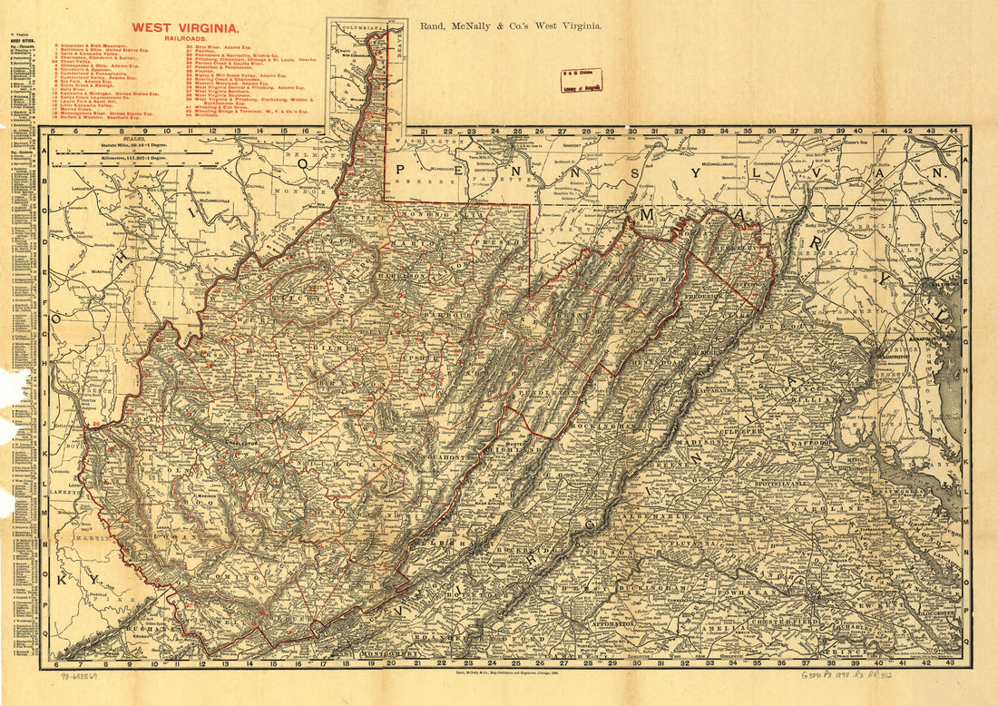 This old map of Indexed County and Railroad Pocket Map and Shippers Guide of West Virginia, Accompanied by a New and Original Compilation and Ready Reference Index, Showing In Detail the Entire Railroad System from 1898 was created by Rand McNally and Company in 1898