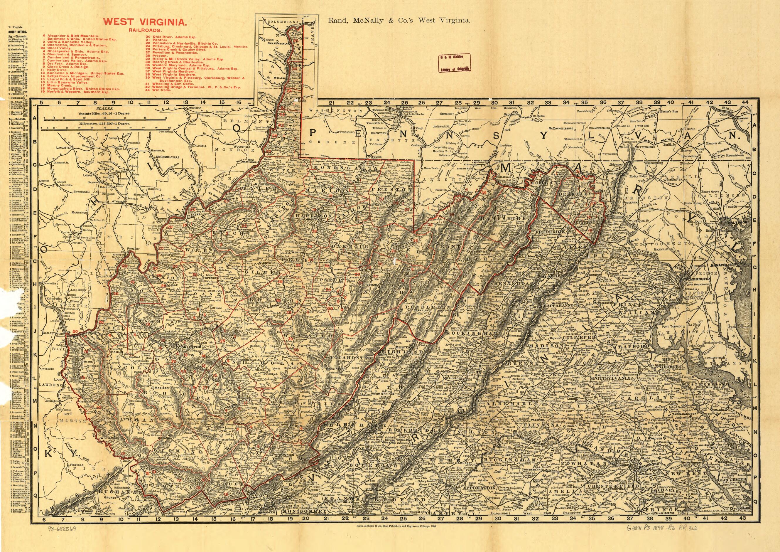 This old map of Indexed County and Railroad Pocket Map and Shippers Guide of West Virginia, Accompanied by a New and Original Compilation and Ready Reference Index, Showing In Detail the Entire Railroad System from 1898 was created by Rand McNally and Company in 1898