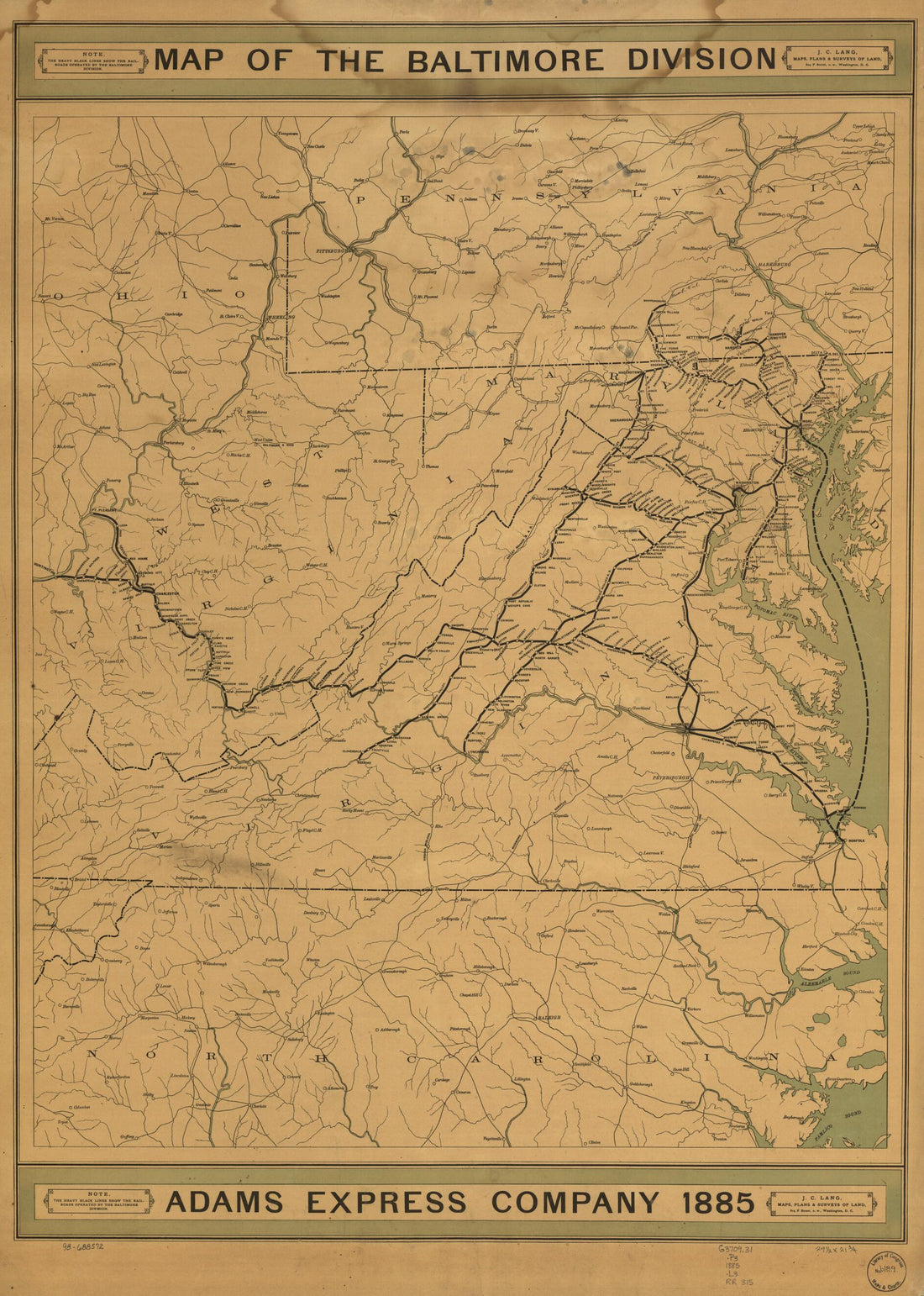 This old map of Map of the Baltimore Division; Adams Express Company from 1885 was created by Adams Express Company, John C. Lang in 1885
