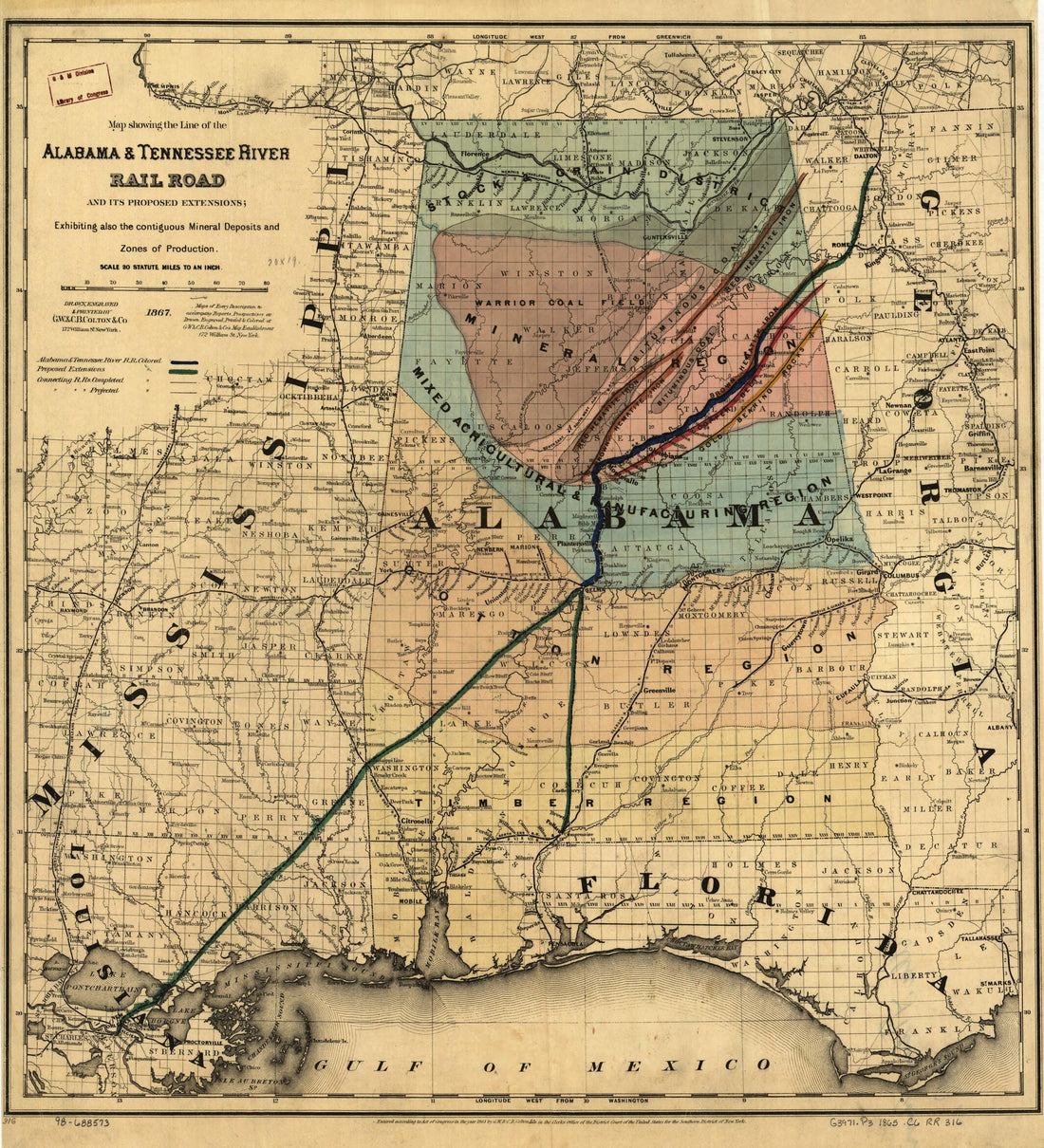 This old map of Map Showing the Line of the Alabama & Tennessee River Rail Road and Its Proposed Extensions; Exhibiting Also the Contiguous Mineral Deposits and Zone of Production from 1867 was created by Alabama and Tennessee River Railroad, G.W. & C.