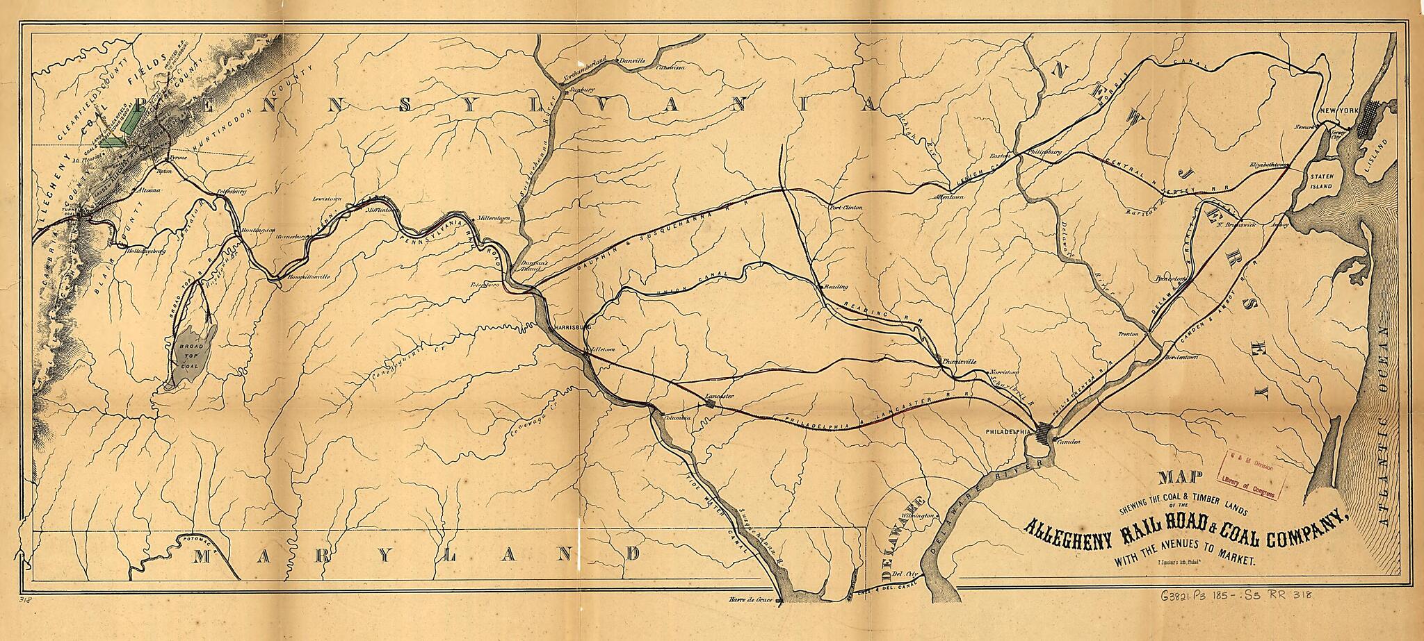 This old map of Map Showing the Coal & Timber Lands of the Allegheny Rail Road & Coal Company With the Avenues to Market from 1850 was created by Allegheny Railroad and Coal Company, Thomas S. Sinclair in 1850