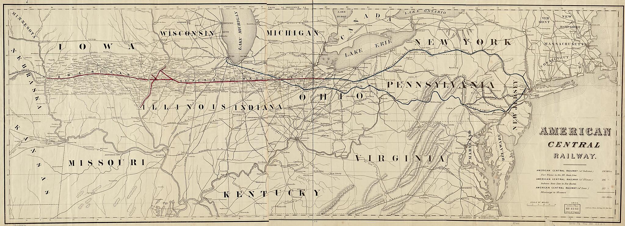 This old map of American Central Railway, from 1866 was created by American Central Railway, Julius Bien in 1866