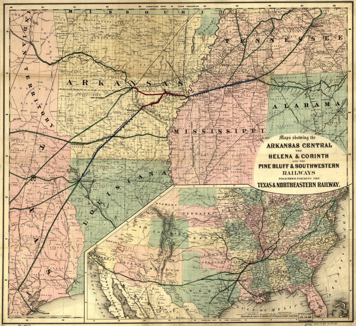 Maps Showing Arkansas Central, the Helena & Corinth, and the Pine Bluff & Southwestern Railroads Together Forming the Texas & Northeastern Railway in 1872 by Relic Map Company