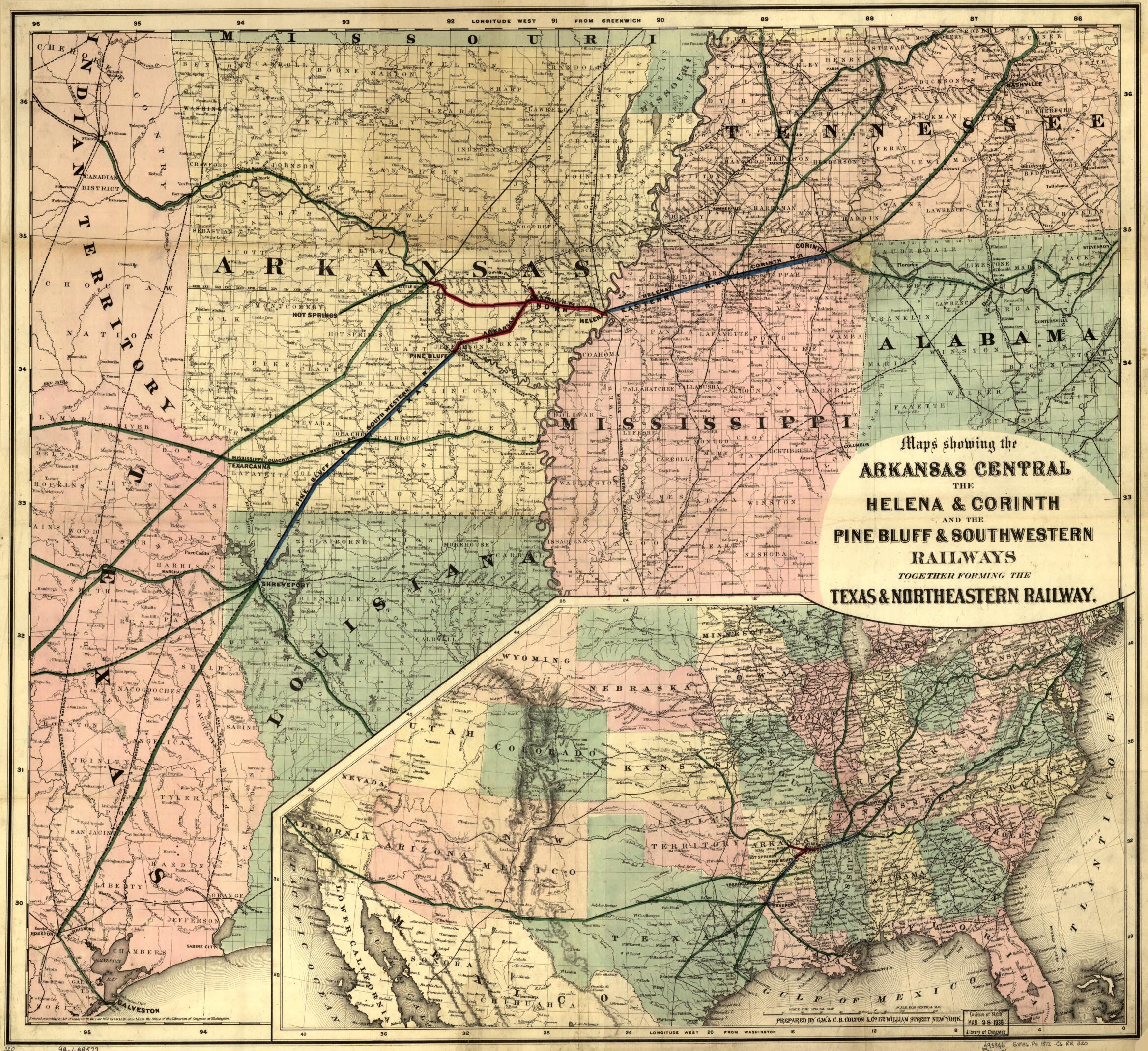 This old map of Maps Showing Arkansas Central, the Helena & Corinth, and the Pine Bluff & Southwestern Railroads Together Forming the Texas & Northeastern Railway from 1872 was created by Arkansas Central Railroad, G.W. & C.B. Colton & Co in 1872