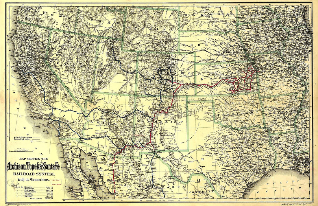 This old map of Map Showing the Atchison, Topeka and Santa Fé Railroad System, With Its Connections from 1883 was created by Topeka Atchison, G.W. & C.B. Colton & Co in 1883