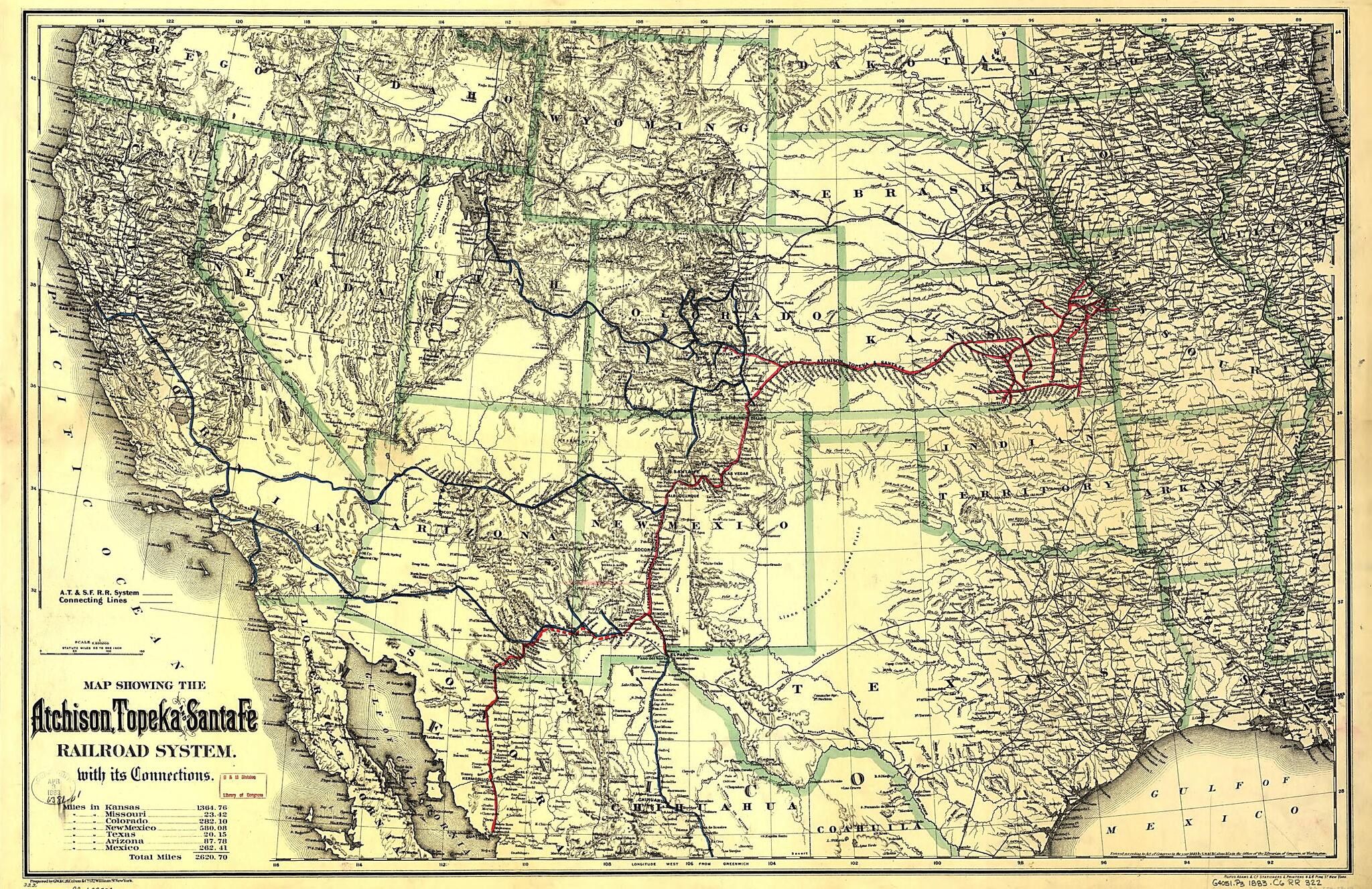 This old map of Map Showing the Atchison, Topeka and Santa Fé Railroad System, With Its Connections from 1883 was created by Topeka Atchison, G.W. & C.B. Colton & Co in 1883