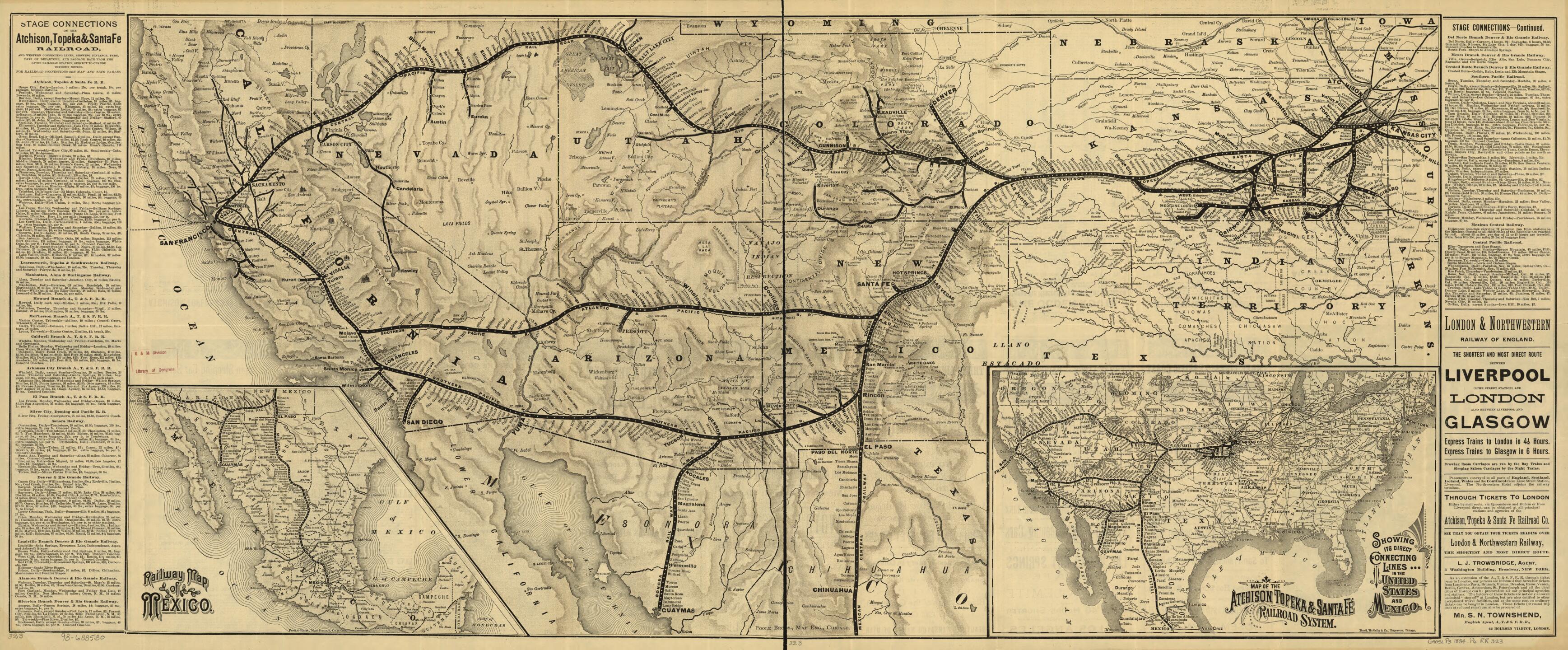 This old map of The Santa Fé Route Atchison, Topeka & Santa Fé R.R. 3 Lines Between the Missouri River and the Pacific Coast to the City of Mexico Via the A.T.&S. and Mexican Central R.R from 1884 was created by Topeka Atchison, Poole Brothers in 1884