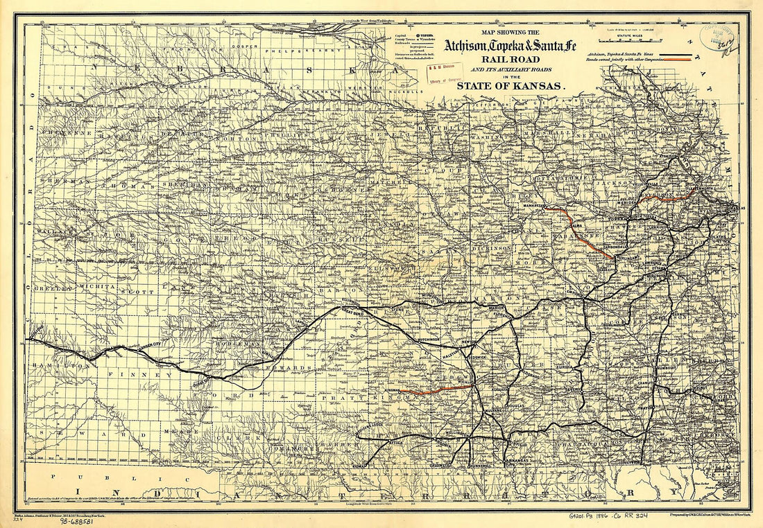 This old map of Map Showing the Atchison, Topeka & Santa Fé Rail Road and Its Auxiliary Roads In the State of Kansas from 1886 was created by Topeka Atchison, G.W. & C.B. Colton & Co in 1886