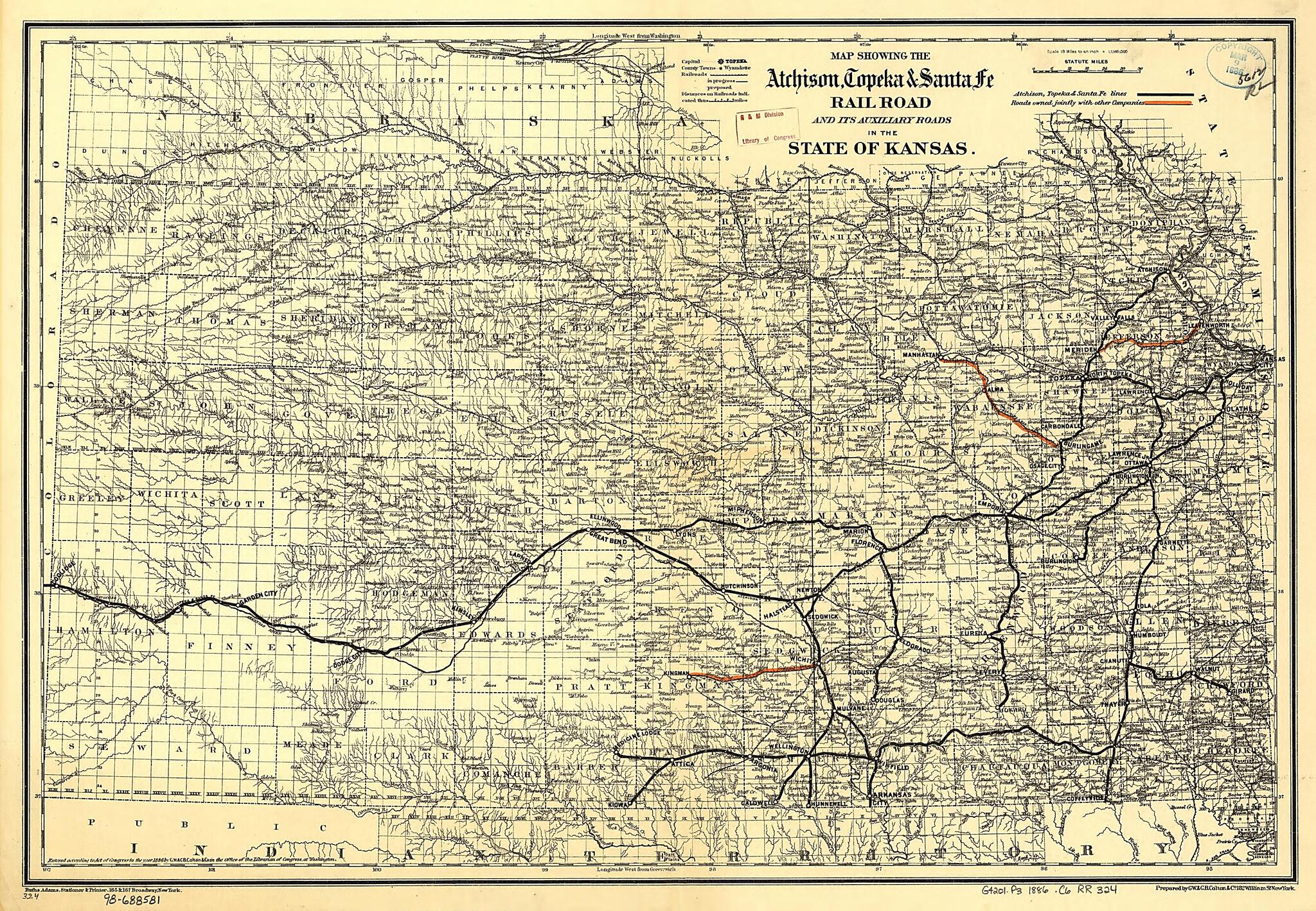 This old map of Map Showing the Atchison, Topeka & Santa Fé Rail Road and Its Auxiliary Roads In the State of Kansas from 1886 was created by Topeka Atchison, G.W. & C.B. Colton & Co in 1886