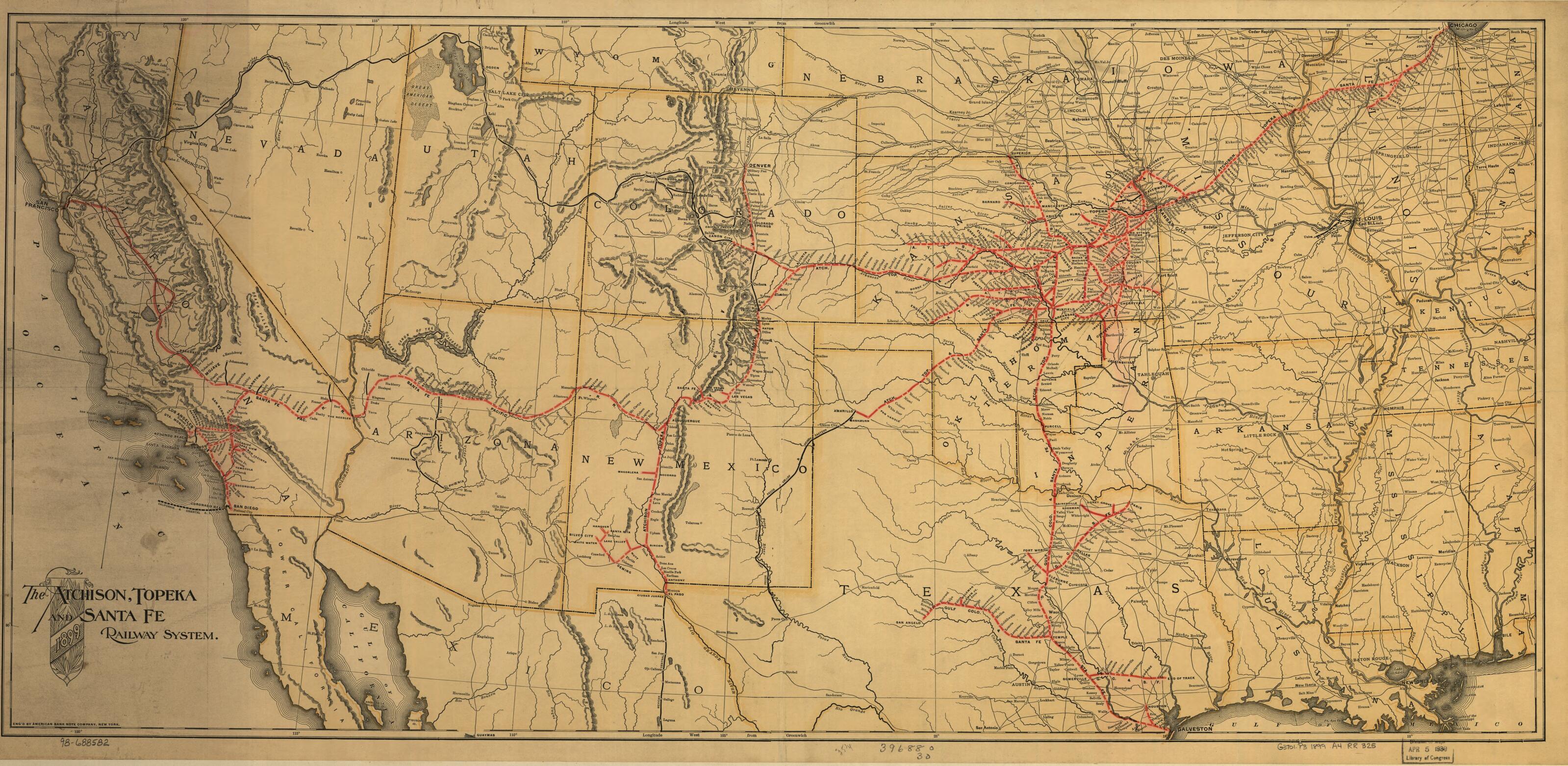 This old map of The Atchison, Topeka and the Santa Fe Railroad System, from 1899 was created by American Bank Note Company, Topeka Atchison in 1899