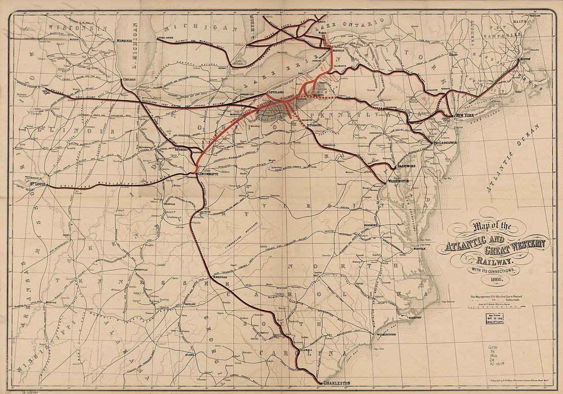 This old map of Map of the Atlantic and Great Western Railway, With Its Connections, from 1866 was created by Atlantic and Great Western Railway Company, C. De Bihan, Millard Fillmore in 1866