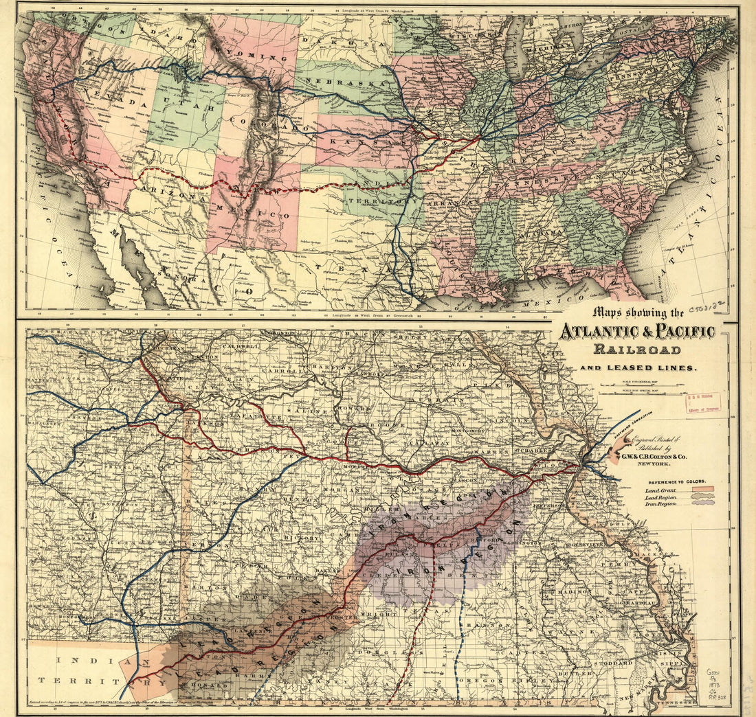 This old map of Maps Showing the Atlantic & Pacific Railroad and Leased Lines from 1873 was created by Atlantic and Pacific Railroad Company, Chicago & Pacific Railroad, G.W. & C.B. Colton & Co in 1873