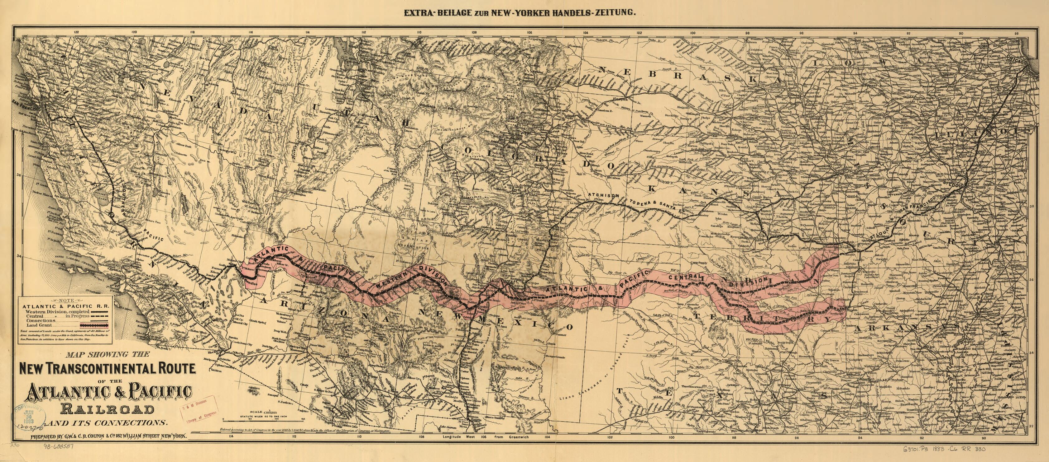 This old map of Map Showing the New Transcontinental Route of the Atlantic & Pacific Railroad and Its Connections from 1883 was created by Atlantic and Pacific Railroad Company, Chicago & Pacific Railroad, G.W. & C.B. Colton & Co in 1883