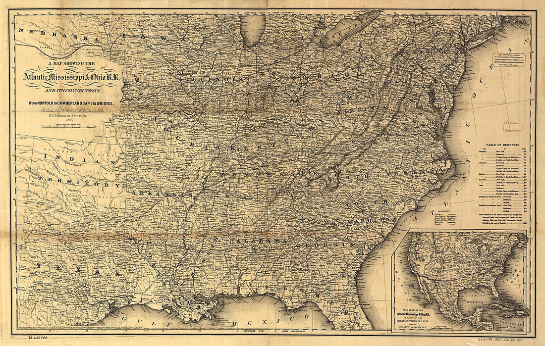 This old map of A Map Showing the Atlantic Mississippi & Ohio Railroad and Its Connections from Norfolk to Cumberland Gap Via Bristol from 1867 was created by Mississippi & Ohio Railroad Company Atlantic, G.W. & C.B. Colton & Co in 1867
