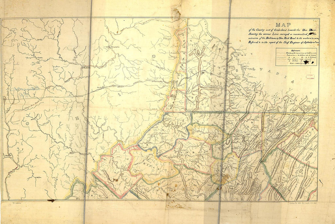 This old map of Map of the County West of Cumberland Towards the Ohio River, Showing the Various Lines Surveyed Or Reconnoitred sic for the Extension of the Baltimore & Ohio Rail Road to Its Western Terminus Referred to In the Report of the Chief Enginee