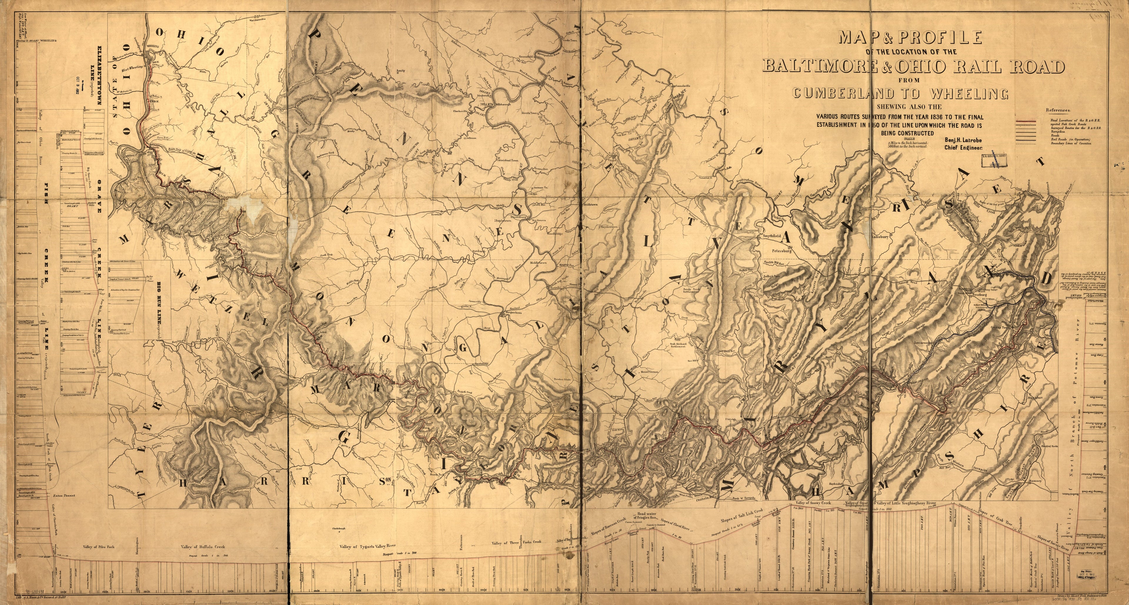This old map of Map & Profile of the Location of the Baltimore & Ohio Rail Road from Cumberland to Wheeling Showing Also the Various Routes Surveyed from the 1836 to the Final Establishment In from 1850 of the Line Upon Which the Road Is Being Constructe