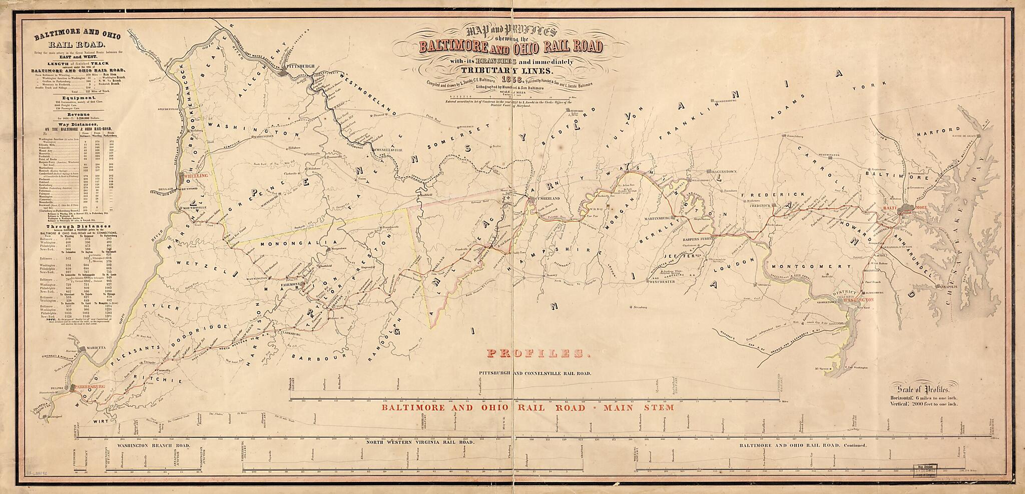 This old map of Map and Profiles Showing the Baltimore and Ohio Rail Road With Its Branches and Immediately Tributary Lines, from 1858; Compiled and Drawn by L. Jacobi C.E. Baltimore was created by Baltimore and Ohio Railroad Company, L. Jacobi in 1858