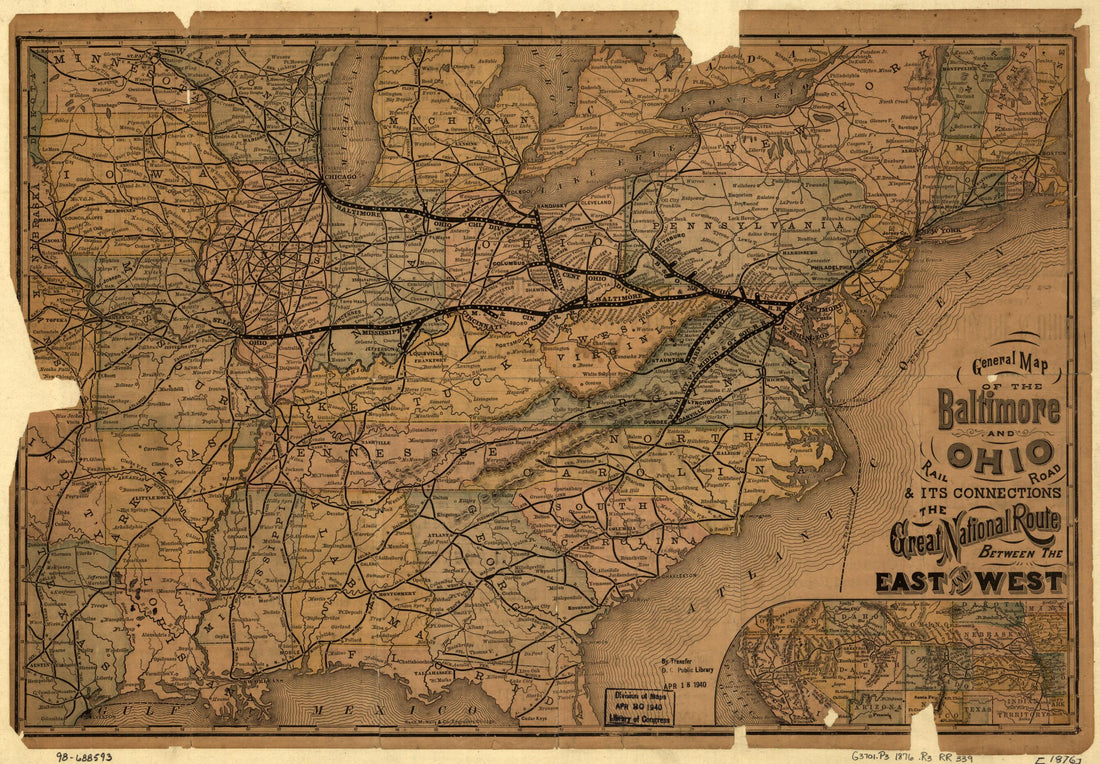 This old map of General Map of the Baltimore and Ohio Rail Road & Its Connections; the Great National Route Between the East and West from 1876 was created by Baltimore and Ohio Railroad Company, Rand McNally and Company in 1876