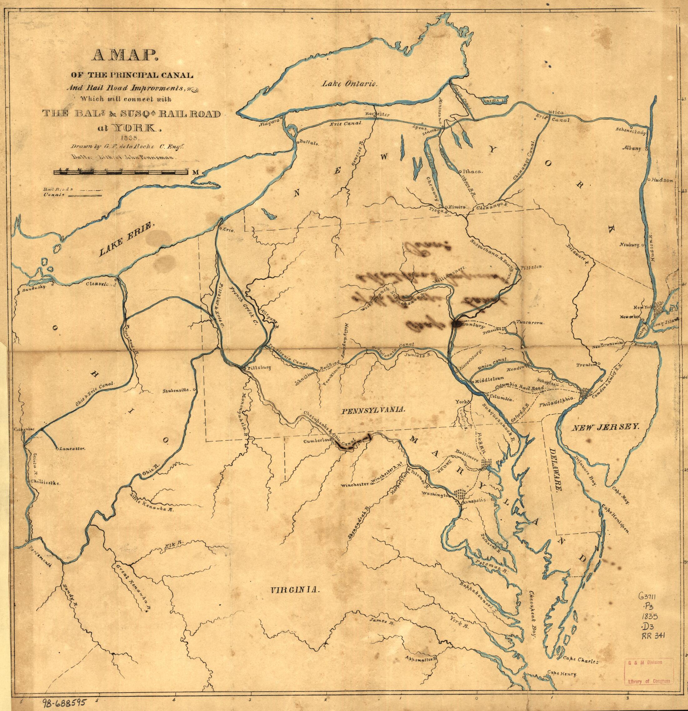 This old map of A Map, of the Principal Canal and Rail Road Improvments sic, Which Will Connect With the Balt. & Susqa. Rail Road at York; Drawn by G. F. De La Roche. C. Engr from 1835 was created by Baltimore and Susquehanna Railroad Company, G. F. De
