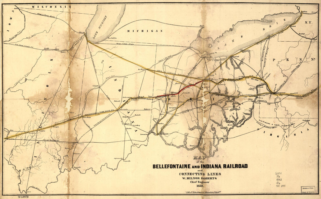 This old map of Map of the Bellefontaine and Indiana Railroad and Connecting Lines from 1852 was created by Bellefontaine and Indiana Railroad Company, W. Milnor (William Milnor) Roberts in 1852
