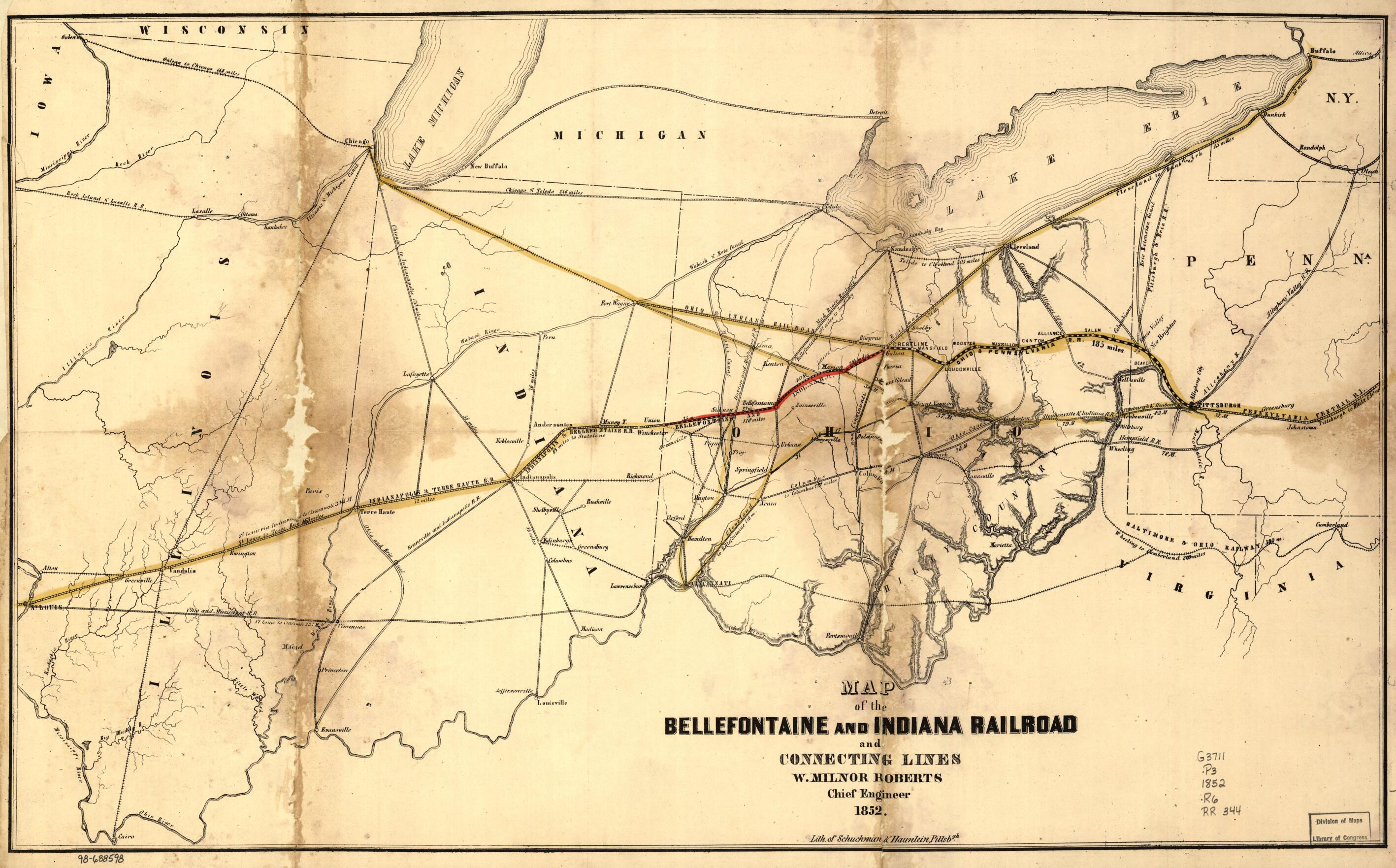 This old map of Map of the Bellefontaine and Indiana Railroad and Connecting Lines from 1852 was created by Bellefontaine and Indiana Railroad Company, W. Milnor (William Milnor) Roberts in 1852