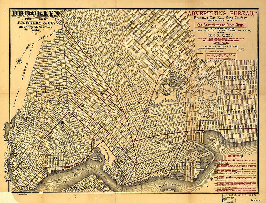 This old map of Brooklyn from 1874 was created by Brooklyn City Railroad, J.B. Beers & Co in 1874