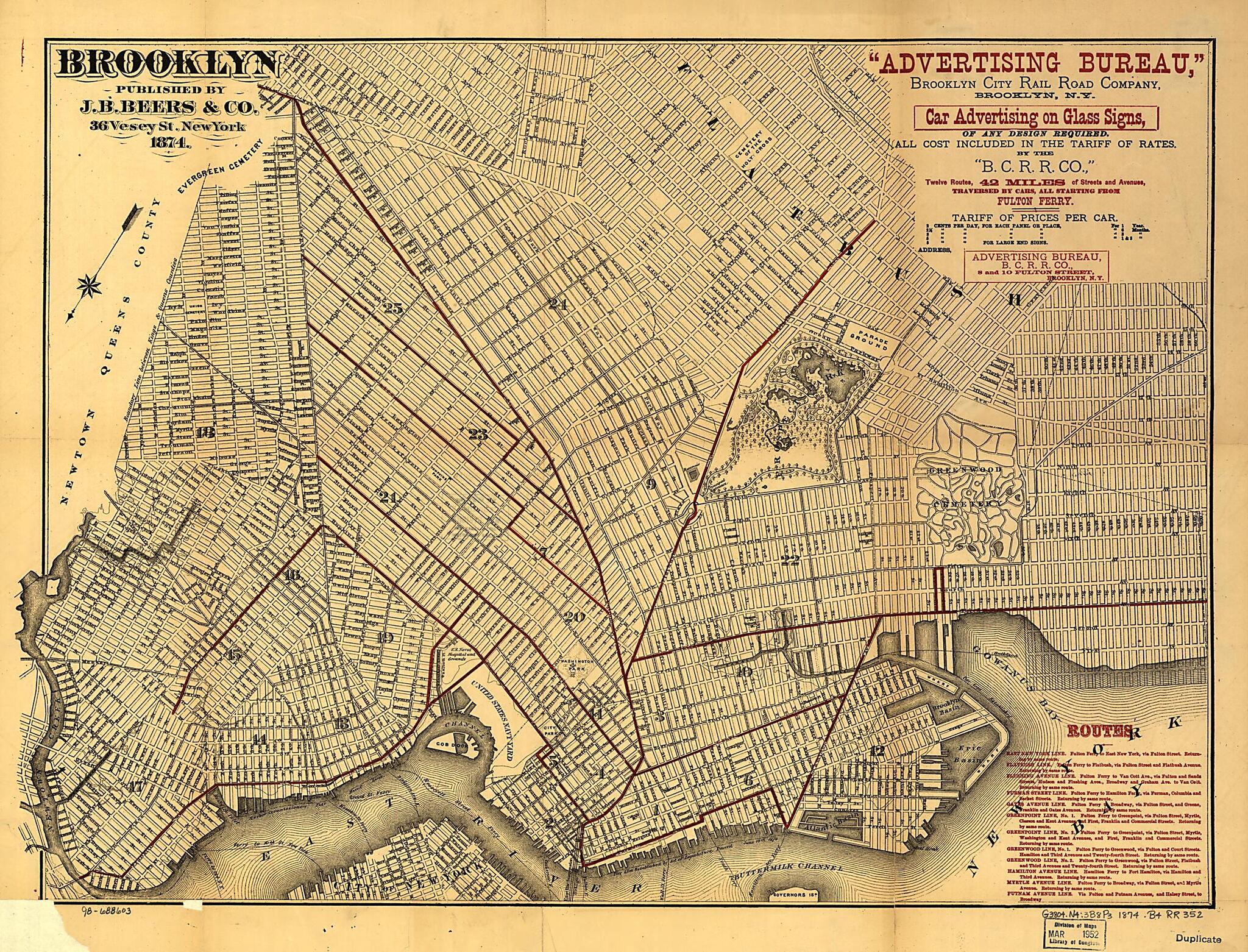 This old map of Brooklyn from 1874 was created by Brooklyn City Railroad, J.B. Beers & Co in 1874