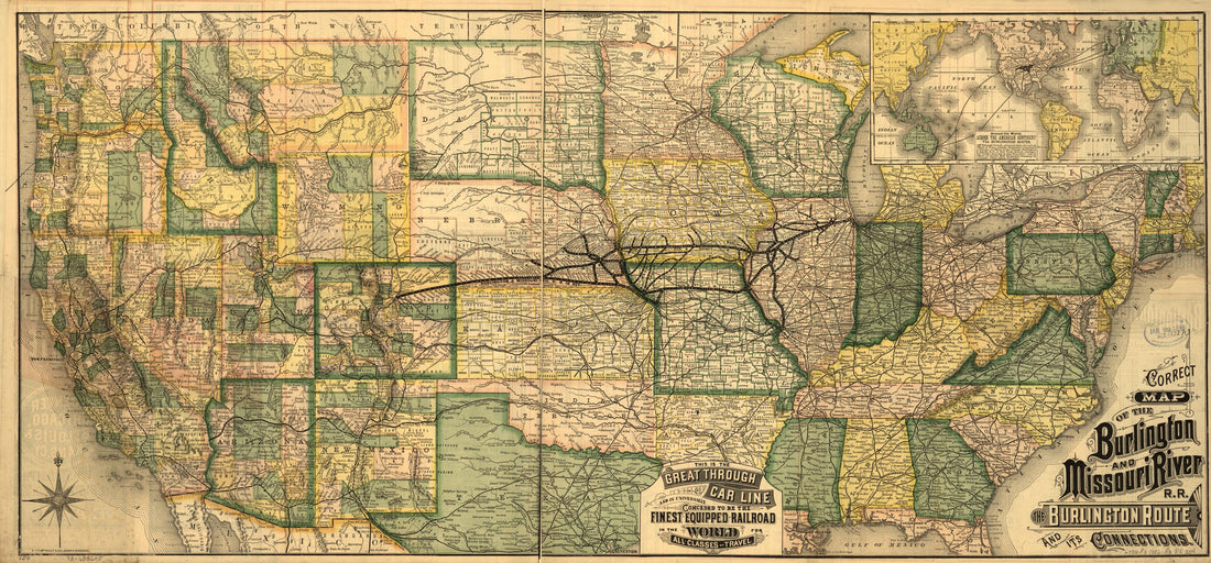 This old map of Correct Map of the Burlington and Missouri River R.R., the Burlington Route and Its Connections from 1882 was created by Burlington and Missouri River Railroad Company, Rand McNally and Company in 1882